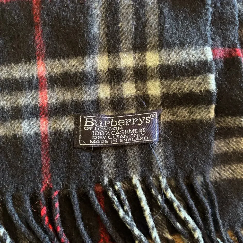 FLAWED Burberry 100% Cashmere Scarf Plaid Blue Red Black Vintage Made in England